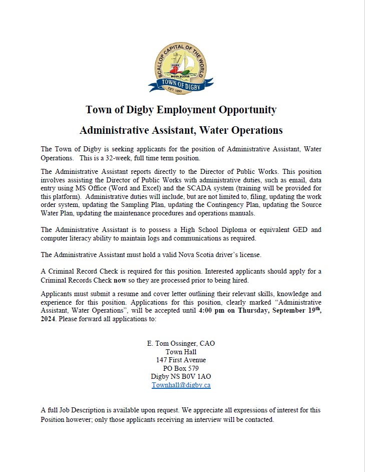 2024 2025 CWP Administrative Assistant Water Operations ad