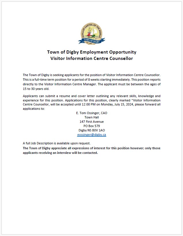 Town Of Digby Employment Opportunity CSJ 2024 Visitor Information Centre Counsellor