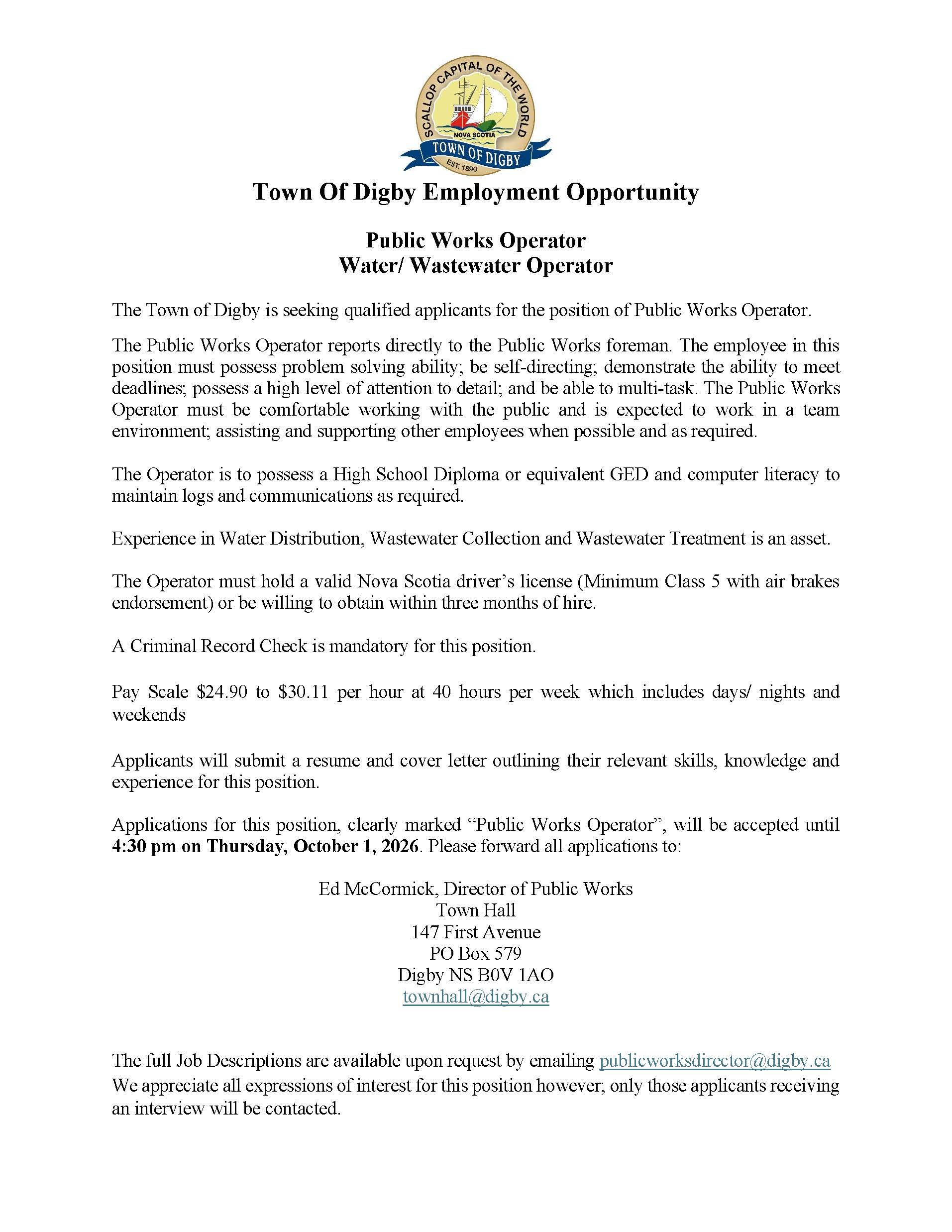Town Of Digby Employment Opportunity Public Works Operator 2026
