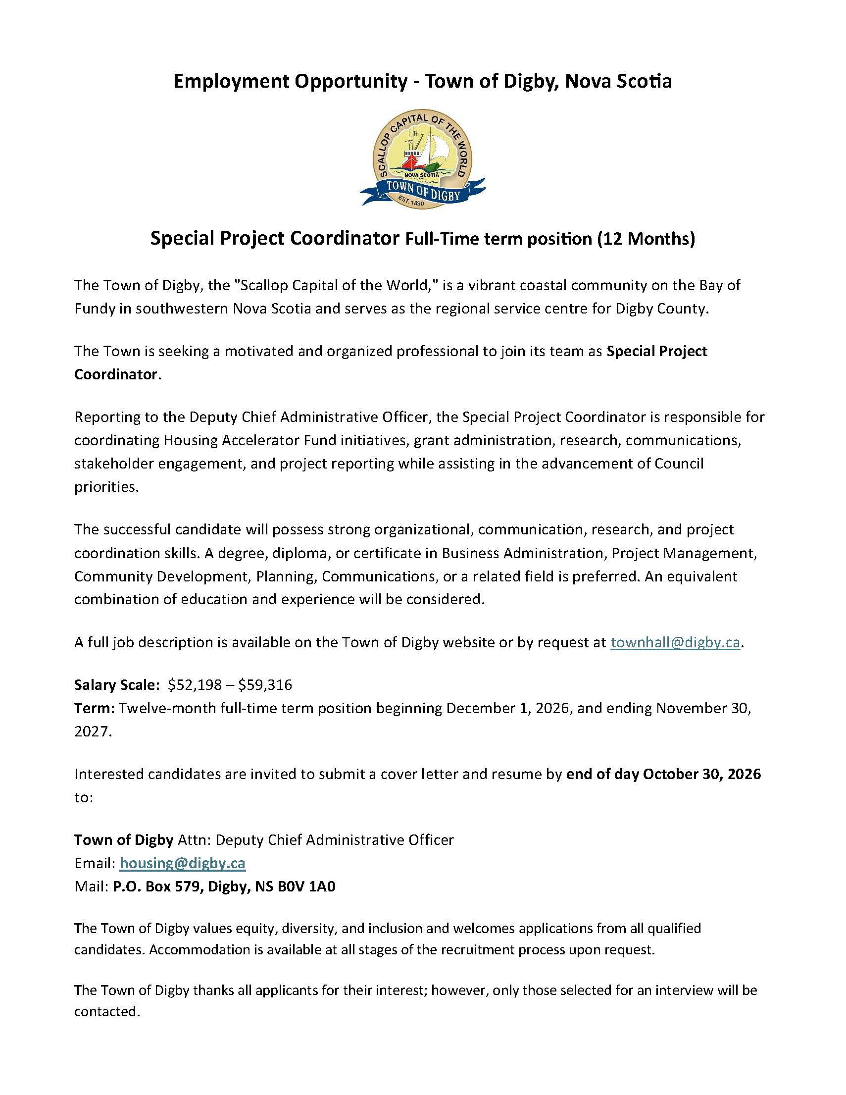 Employment Opportunity Town of Digby Special Project Coordinator Term 2026